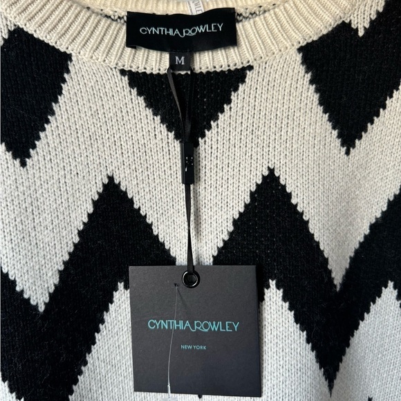 Cynthia Rowley Chunky Intarsia Black and White Chevron Sweater Cashmere Wool M - Picture 5 of 9
